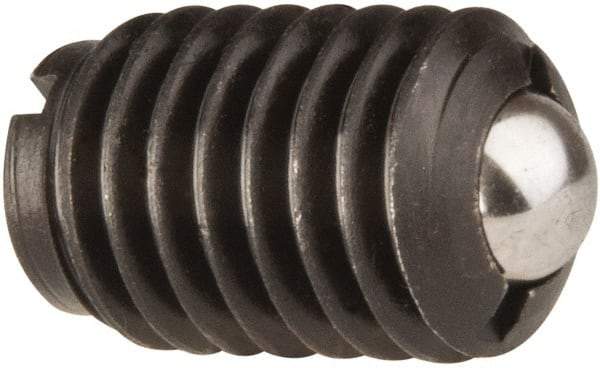 Jergens - 1/2-13, 0.281" Ball Diam, 3/4" Body Length, 0.072" Max Ball Reach, Threaded Ball Plunger - Steel Body, Stainless Steel Ball, 6 Lb Initial End Force, 30 Lb Final End Force, Locking Element - Apex Tool & Supply