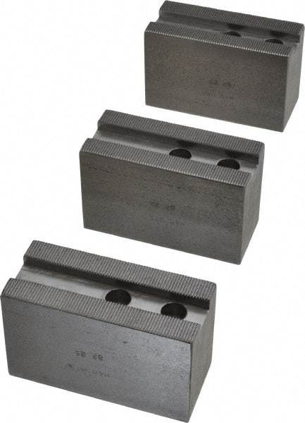H & R Manufacturing - 1.5mm x 60° Serrated Attachment, Square Soft Lathe Chuck Jaw - 3 Jaws, Steel, 1.181" Btw Mount Hole Ctrs, 4" Long x 1-3/4" Wide x 2-1/2" High, 0.63" Groove, 12mm Fastener - Apex Tool & Supply