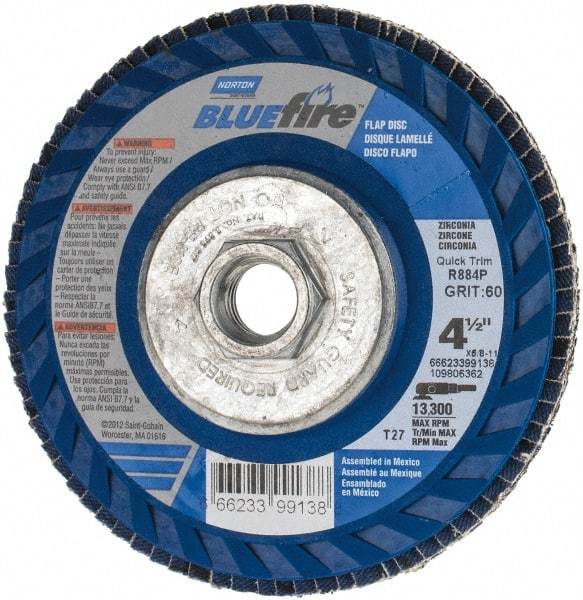 Norton - 60 Grit, 4-1/2" Disc Diam, 5/8-11 Center Hole, Type 27 Zirconia Alumina Flap Disc - 13,300 Max RPM, Fiberglass Backing, Arbor Attaching System, Coated - Apex Tool & Supply