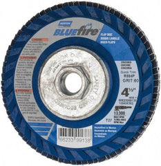 Norton - 60 Grit, 4-1/2" Disc Diam, 5/8-11 Center Hole, Type 27 Zirconia Alumina Flap Disc - 13,300 Max RPM, Fiberglass Backing, Arbor Attaching System, Coated - Apex Tool & Supply