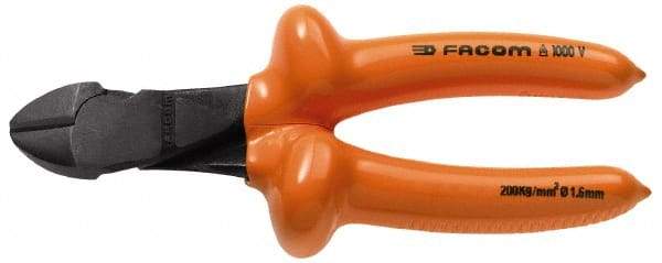 Facom - 7-9/32" OAL, 1.8mm Capacity, 25/32" Jaw Length x 7/16" Jaw Width, Insulated Diagonal Cutter Pliers - Standard Head, Cushion Grip Handles - Apex Tool & Supply