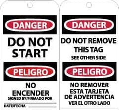 NMC - 3" High x 6" Long, DANGER - DO NOT START, English & Spanish Safety & Facility Accident Prevention Tag - Tag Header: Danger, 2 Sides, Black, Red & White Unrippable Vinyl - Apex Tool & Supply