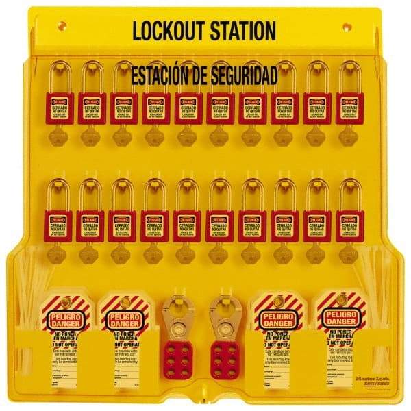 Master Lock - Equipped Polycarbonate Padlock Station - 22 Inch Wide x 22 Inch High x 1-3/4 Inch Deep, Yellow, Covered - Apex Tool & Supply