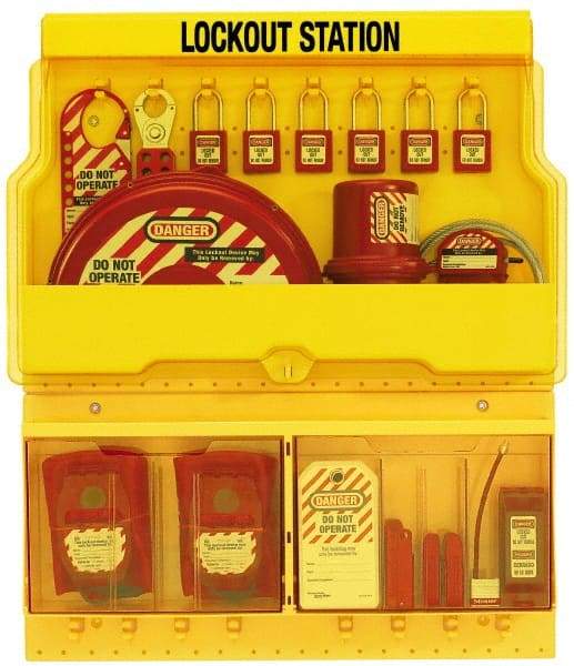 Master Lock - 28 Piece, Equipped Polycarbonate Electrical and Valve Lockout Station - 23-1/2 Inch Wide x 27 Inch High x 4-1/8 Inch Deep, Yellow - Apex Tool & Supply