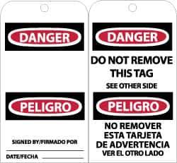 NMC - 3" High x 6" Long, DANGER - SIGNED BY___, English & Spanish Safety & Facility Accident Prevention Tag - Tag Header: Danger, 2 Sides, Black, Red & White Unrippable Vinyl - Apex Tool & Supply