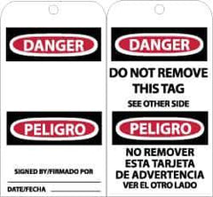 NMC - 3" High x 6" Long, DANGER - SIGNED BY___, English & Spanish Safety & Facility Accident Prevention Tag - Tag Header: Danger, 2 Sides, Black, Red & White Unrippable Vinyl - Apex Tool & Supply