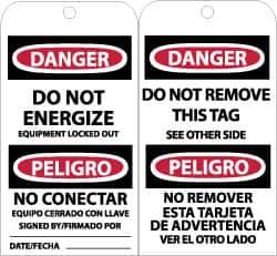 NMC - 3" High x 6" Long, DANGER - DO NOT ENERGIZE, English & Spanish Safety & Facility Accident Prevention Tag - Tag Header: Danger, 2 Sides, Black, Red & White Unrippable Vinyl - Apex Tool & Supply