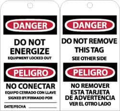 NMC - 3" High x 6" Long, DANGER - DO NOT ENERGIZE, English & Spanish Safety & Facility Accident Prevention Tag - Tag Header: Danger, 2 Sides, Black, Red & White Unrippable Vinyl - Apex Tool & Supply