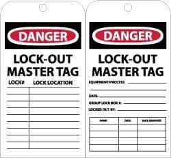 NMC - 3" High x 6" Long, DANGER - LOCKOUT MASTER TAG, English Safety & Facility Accident Prevention Tag - Tag Header: Danger, 2 Sides, Black, Red & White Unrippable Vinyl - Apex Tool & Supply