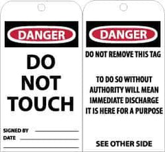 NMC - 3" High x 6" Long, DANGER - DO NOT TOUCH, English Safety & Facility Accident Prevention Tag - Tag Header: Danger, 2 Sides, Black, Red & White Unrippable Vinyl - Apex Tool & Supply