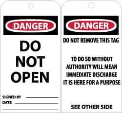 NMC - 3" High x 6" Long, DANGER - DO NOT OPEN, English Safety & Facility Accident Prevention Tag - Tag Header: Danger, 2 Sides, Black, Red & White Unrippable Vinyl - Apex Tool & Supply