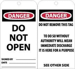 NMC - 3" High x 6" Long, DANGER - DO NOT OPEN, English Safety & Facility Accident Prevention Tag - Tag Header: Danger, 2 Sides, Black, Red & White Unrippable Vinyl - Apex Tool & Supply