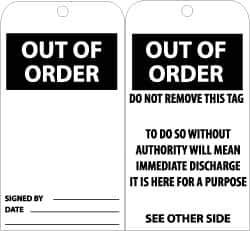 NMC - 3" High x 6" Long, OUT OF ORDER, English Safety & Facility Accident Prevention Tag - Tag Header: Danger, 2 Sides, Black & White Unrippable Vinyl - Apex Tool & Supply