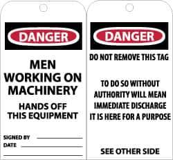 NMC - 3" High x 6" Long, DANGER - MEN WORKING ON MACHINERY - HANDS OFF THIS EQUIPMENT, English Safety & Facility Accident Prevention Tag - Tag Header: Danger, 2 Sides, Black, Red & White Unrippable Vinyl - Apex Tool & Supply