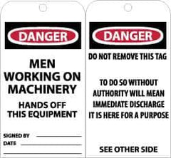NMC - 3" High x 6" Long, DANGER - MEN WORKING ON MACHINERY - HANDS OFF THIS EQUIPMENT, English Safety & Facility Accident Prevention Tag - Tag Header: Danger, 2 Sides, Black, Red & White Unrippable Vinyl - Apex Tool & Supply