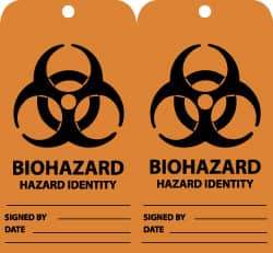 NMC - 3" High x 6" Long, BIOHAZARD - HAZARD IDENTITY, English Safety & Facility Accident Prevention Tag - Tag Header: Warning, 2 Sides, Black & Orange Unrippable Vinyl - Apex Tool & Supply