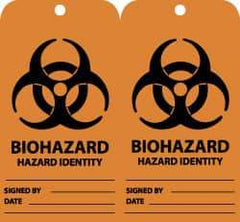 NMC - 3" High x 6" Long, BIOHAZARD - HAZARD IDENTITY, English Safety & Facility Accident Prevention Tag - Tag Header: Warning, 2 Sides, Black & Orange Unrippable Vinyl - Apex Tool & Supply