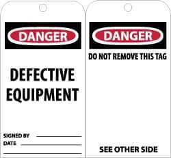 NMC - 3" High x 6" Long, DANGER - DEFECTIVE EQUIPMENT, English Safety & Facility Accident Prevention Tag - Tag Header: Danger, 2 Sides, Black, Red & White Unrippable Vinyl - Apex Tool & Supply