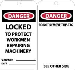 NMC - 3" High x 6" Long, DANGER - LOCKED TO PROJECT WORKMEN REPAIRING MACHINERY, English Safety & Facility Accident Prevention Tag - Tag Header: Danger, 2 Sides, Black, Red & White Unrippable Vinyl - Apex Tool & Supply
