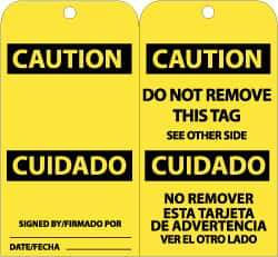 NMC - 3" High x 6" Long, CAUTION, English & Spanish Safety & Facility Accident Prevention Tag - Tag Header: CAUTION, 2 Sides, Black & Yellow Unrippable Vinyl - Apex Tool & Supply