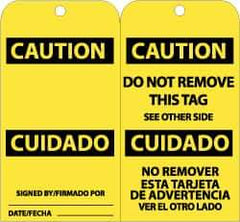 NMC - 3" High x 6" Long, CAUTION, English & Spanish Safety & Facility Accident Prevention Tag - Tag Header: CAUTION, 2 Sides, Black & Yellow Unrippable Vinyl - Apex Tool & Supply