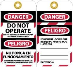 NMC - 3" High x 6" Long, DANGER - DO NOT OPERATE - EQUIPMENT TAG-OUT, English & Spanish Safety & Facility Lockout Tag - Tag Header: Danger, 2 Sides, Black, Red & White Unrippable Vinyl - Apex Tool & Supply