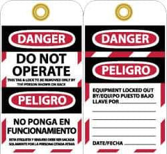 NMC - 3" High x 6" Long, DANGER - DO NOT OPERATE - THIS TAG & LOCK TO BE REMOVED ONLY BY THE PERSON SHOWN ON BACK, English & Spanish Safety & Facility Lockout Tag - Tag Header: Danger, 2 Sides, Black, Red & White Unrippable Vinyl - Apex Tool & Supply