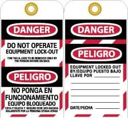NMC - 3" High x 6" Long, DANGER - DO NOT OPERATE - EQUIPMENT LOCK-OUT - THIS TAG & LOCK TO BE REMOVED ONLY BY THE PERSON SHOWN ON BACK, English & Spanish Safety & Facility Lockout Tag - Tag Header: Danger, 2 Sides, Black, Red & White Unrippable Vinyl - Apex Tool & Supply