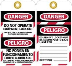 NMC - 3" High x 6" Long, DANGER - DO NOT OPERATE - EQUIPMENT LOCK-OUT - THIS TAG & LOCK TO BE REMOVED ONLY BY THE PERSON SHOWN ON BACK, English & Spanish Safety & Facility Lockout Tag - Tag Header: Danger, 2 Sides, Black, Red & White Unrippable Vinyl - Apex Tool & Supply