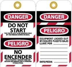 NMC - 3" High x 6" Long, DANGER - DO NOT START - THIS TAG & LOCK TO BE REMOVED ONLY BY THE PERSON SHOWN ON BACK, English & Spanish Safety & Facility Lockout Tag - Tag Header: Danger, 2 Sides, Black, Red & White Unrippable Vinyl - Apex Tool & Supply