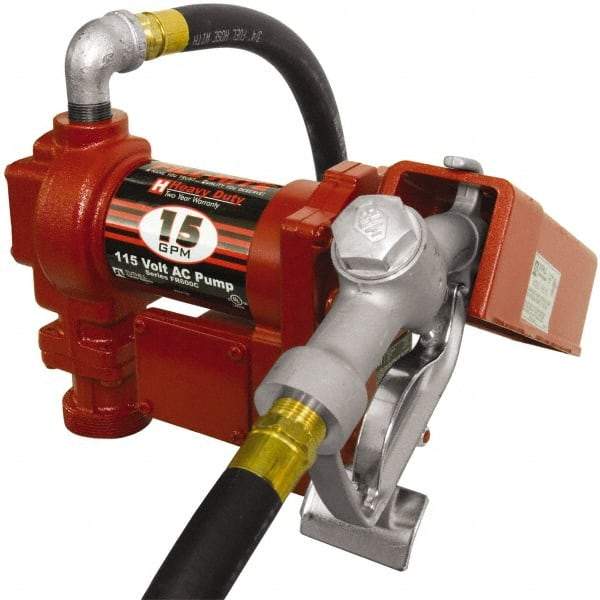 Tuthill - 15 GPM, 3/4" Hose Diam, AC Tank Pump with Manual Nozzle - 1" Inlet, 3/4" Outlet, 115 Volts, 12' Hose Length, 1/4 hp - Apex Tool & Supply