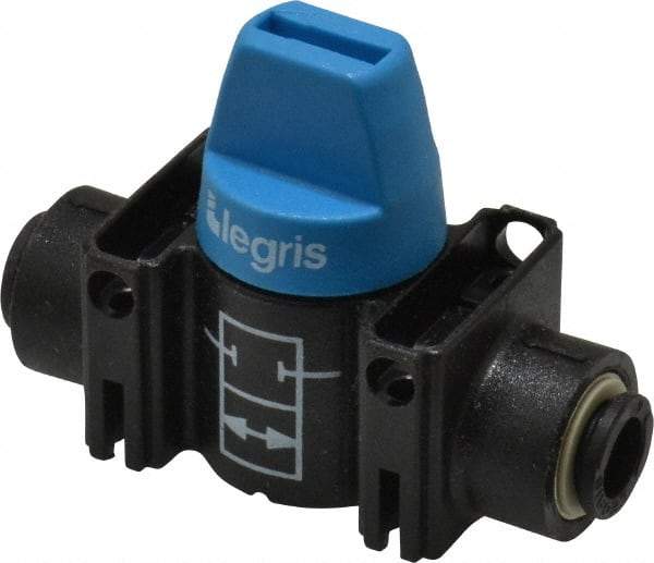 Legris - 6mm Pipe, Standard Port, Composite Miniature Ball Valve - 1 Piece, Inline - Two Way Flow, Push-to-Connect x Push-to-Connect Ends, Short Handle, 150 WOG - Apex Tool & Supply