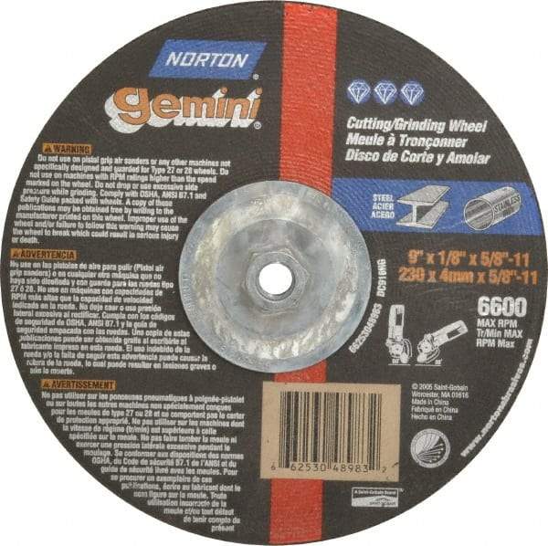 Norton - 24 Grit, 9" Wheel Diam, 1/8" Wheel Thickness, Type 27 Depressed Center Wheel - Aluminum Oxide, 6,600 Max RPM, Compatible with Angle Grinder - Apex Tool & Supply