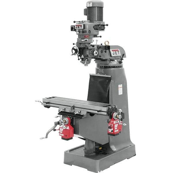 Jet - 9" Table Width x 42" Table Length, Step Pulley Control, 3 Phase Knee Milling Machine - R8 Spindle Taper, 2 hp - Apex Tool & Supply
