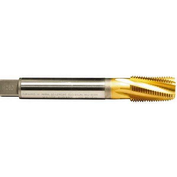 Emuge - 3/4-14 NPT, 15° Helix, 5 Flutes, TiN Finish, Cobalt, Spiral Flute Pipe Tap - Right Hand Flute, 1.38" Thread Length, 0.679" Square Size, Series KEG - Apex Tool & Supply