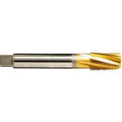 Emuge - 3/4-14 NPT, 15° Helix, 5 Flutes, TiN Finish, Cobalt, Spiral Flute Pipe Tap - Right Hand Flute, 1.38" Thread Length, 0.679" Square Size, Series KEG - Apex Tool & Supply