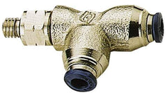 Alpha Technologies - 1/8" Outside Diam, 10-32 UNF, Nickel Plated Brass Push-to-Connect Male Swivel Run Tee - 250 Max psi, Tube to Male UNF Connection, Buna O-Ring - Apex Tool & Supply