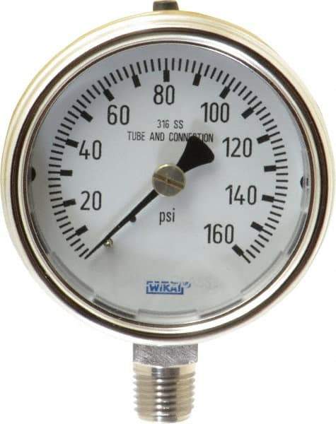 Wika - 2-1/2" Dial, 1/4 Thread, 0-160 Scale Range, Pressure Gauge - Lower Connection Mount, Accurate to 2-1-2% of Scale - Apex Tool & Supply