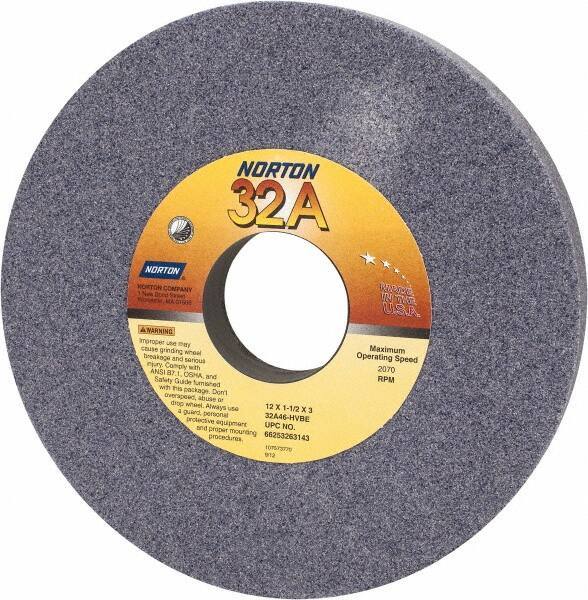 Norton - 12" Diam x 3" Hole x 1-1/2" Thick, H Hardness, 46 Grit Surface Grinding Wheel - Aluminum Oxide, Type 1, Coarse Grade, 2,070 Max RPM, Vitrified Bond, No Recess - Apex Tool & Supply