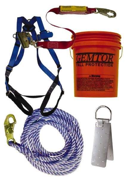 Gemtor - Universal Size, 300 Lb. Capacity, Polyester Roofer Fall Protection Kit - 3 Ft. Lanyard Long, Reusable Anchor, Blue, Black and Red - Apex Tool & Supply
