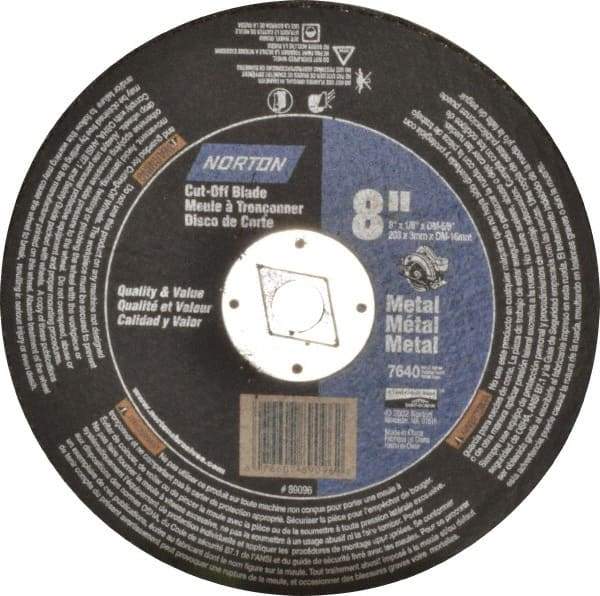 Norton - 8" 24 Grit Aluminum Oxide Cutoff Wheel - 1/8" Thick, 5/8" Arbor, 7,640 Max RPM, Use with Circular Saws - Apex Tool & Supply