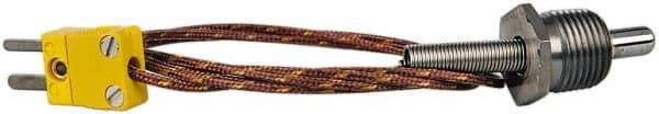 Thermo Electric - 0 to 900°F, K Pipe Plug, Thermocouple Probe - 5 Ft. Cable Length, Mini Connector, 1/2 Inch Probe Sheath Length, 6 Sec Response Time - Apex Tool & Supply
