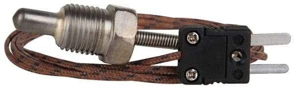 Thermo Electric - 0 to 900°F, J Pipe Plug, Thermocouple Probe - 5 Ft. Cable Length, Mini Connector, 1/2 Inch Probe Sheath Length, 6 Sec Response Time - Apex Tool & Supply