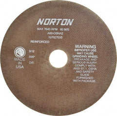 Norton - 8" 60 Grit Aluminum Oxide Cutoff Wheel - 0.035" Thick, 1-1/4" Arbor, 7,640 Max RPM, Use with Stationary Grinders - Apex Tool & Supply