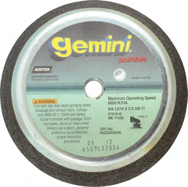 Norton - 6" Diam, 2" Overall Thickness, 16 Grit, Type 11 Tool & Cutter Grinding Wheel - Very Coarse Grade, Aluminum Oxide, Q Hardness, 6,000 RPM - Apex Tool & Supply