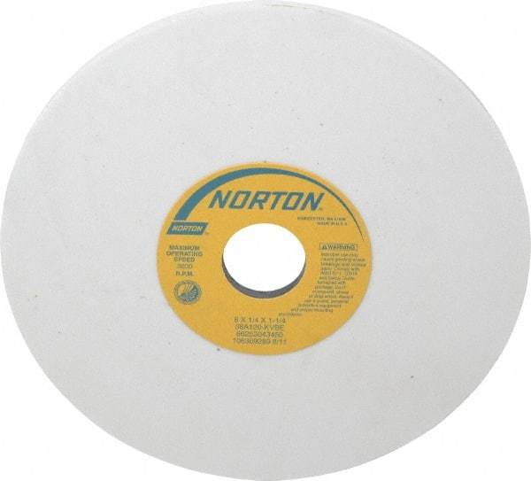 Norton - 8" Diam x 1-1/4" Hole x 1/4" Thick, K Hardness, 120 Grit Surface Grinding Wheel - Aluminum Oxide, Type 1, Fine Grade, 3,600 Max RPM, Vitrified Bond, No Recess - Apex Tool & Supply