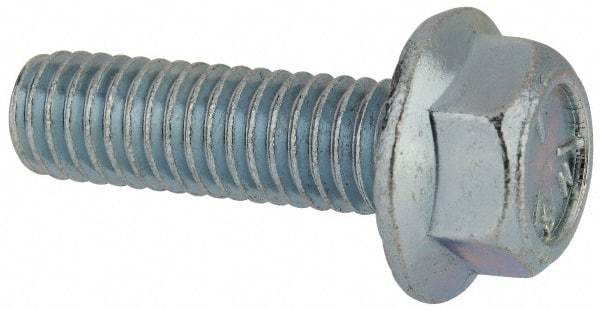 Value Collection - 3/8-16 UNC, 1-1/4" Length Under Head, Hex Drive Flange Bolt - 1-1/4" Thread Length, Grade 5 Steel, Serrated Flange, Zinc-Plated Finish - Apex Tool & Supply