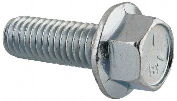 Value Collection - 7/16-14 UNC, 1-1/4" Length Under Head, Hex Drive Flange Bolt - 1-1/4" Thread Length, Grade 5 Steel, Serrated Flange, Zinc-Plated Finish - Apex Tool & Supply