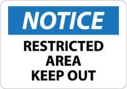 NMC - "Notice - Restricted Area - Keep Out", 10" Long x 14" Wide, Pressure-Sensitive Vinyl Safety Sign - Rectangle, 0.004" Thick, Use for Security & Admittance - Apex Tool & Supply