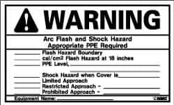 NMC - Accident Prevention Label, Header: WARNING - Legend: Warning - Arc Flash and Shock Hazard - Appropriate PPE Required, English, Black & Orange, 5" Long x 3" High, Sign Muscle Finish - Apex Tool & Supply